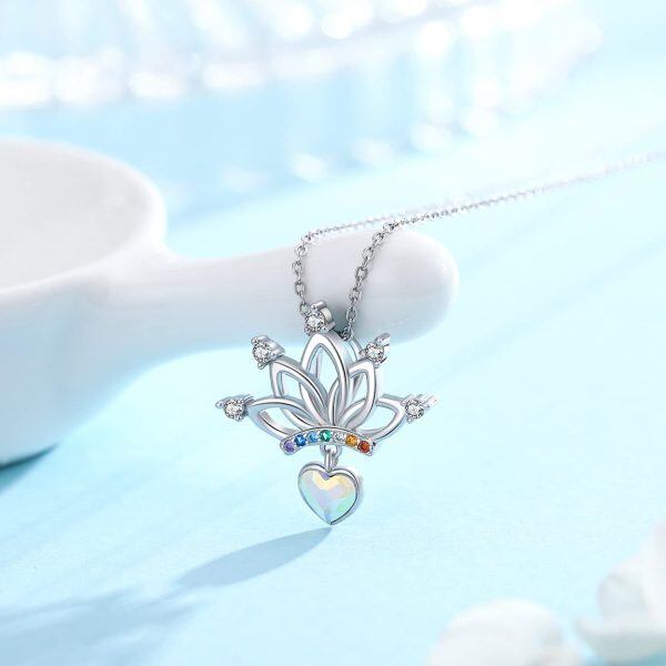 Sterling Silver Zircon and Crystal 7 Chakra Yoga Lotus Flower Pendant Necklace -6