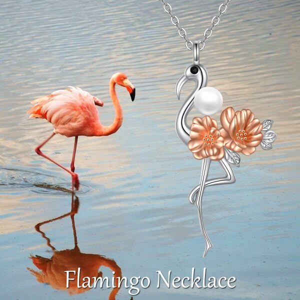 Sterling Silver Pearl Rose Gold Plated Pink Flamingo Necklace-5