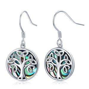 Sterling Silver Abalone Shell Silver Plated Tree of Life Celtic Dangle Drop Earrings-0