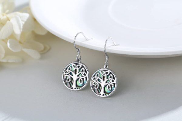 Sterling Silver Abalone Shell Silver Plated Tree of Life Celtic Dangle Drop Earrings-1