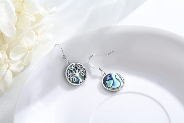 Sterling Silver Abalone Shell Silver Plated Tree of Life Celtic Dangle Drop Earrings-2