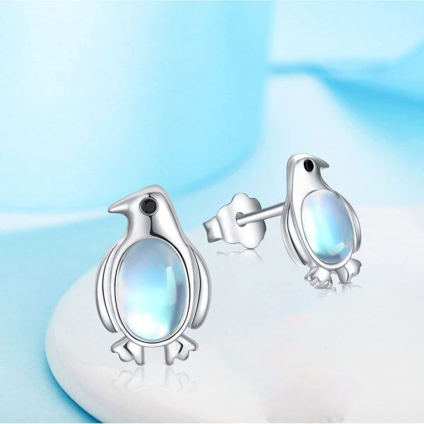 Sterling Silver Moonstone Silver Plated Penguin Stud Earrings-2