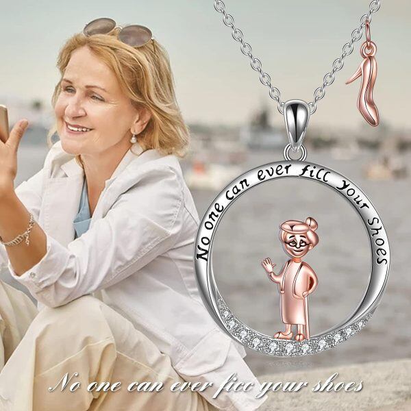 Sterling Silver Zircon Silver Plated Grandma Retirement Pendant Necklace-4