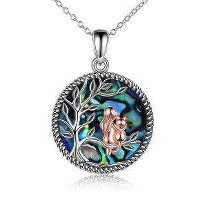 Sterling Silver Abalone Shell Two Tone Color Girls and Cat Pendant Necklace-0