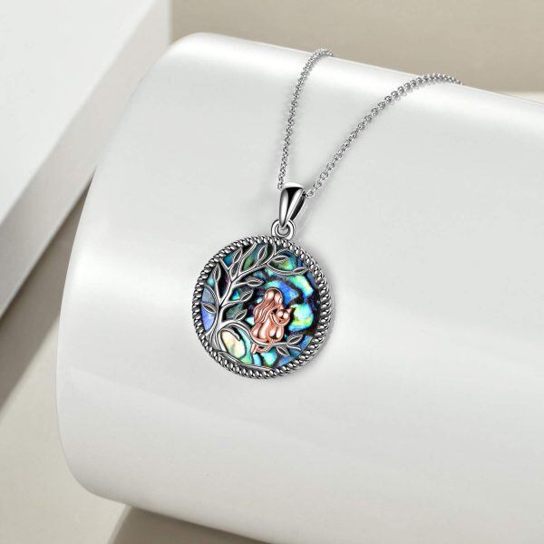 Sterling Silver Abalone Shell Two Tone Color Girls and Cat Pendant Necklace-2