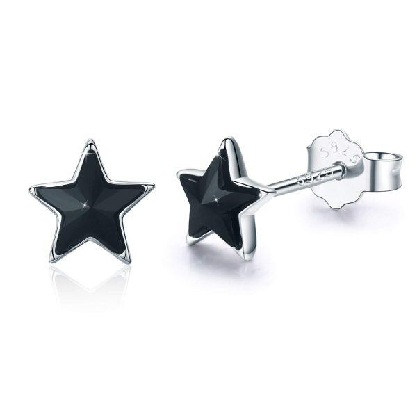 Sterling Silver Black Crystal Silver Plated Star Stud Earrings -0