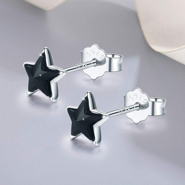 Sterling Silver Black Crystal Silver Plated Star Stud Earrings -1