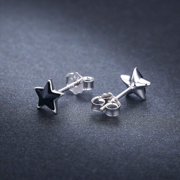 Sterling Silver Black Crystal Silver Plated Star Stud Earrings -2