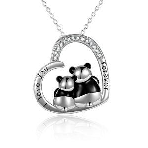 Sterling Silver Zircon Silver Plated Heart Panda Pendant Necklace -0