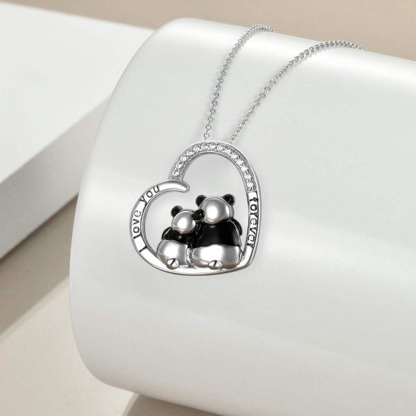 Sterling Silver Zircon Silver Plated Heart Panda Pendant Necklace -2