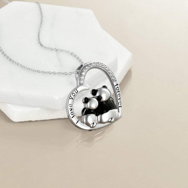 Sterling Silver Zircon Silver Plated Heart Panda Pendant Necklace -3