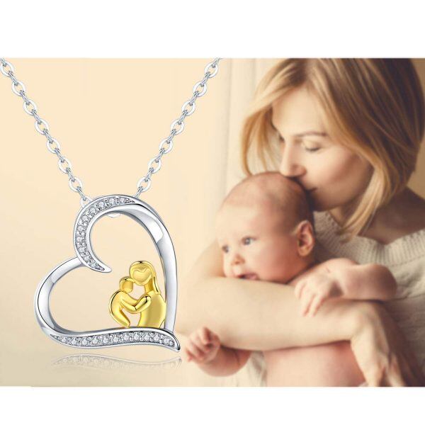 Sterling Silver Zircon Two Tone Color Dipped Infinity Love Heart Pendant Necklace-4