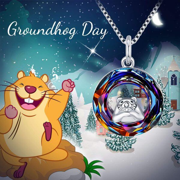 Sterling Silver Crystal Silver Plated Groundhog Day Pendent Necklace-1