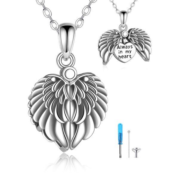 Sterling Silver Silver Plated Love Heart Angel Wings Urn Necklace -0