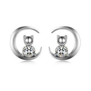 Sterling Silver Zircon Silver Plated Moon Cat Stud Earrings-0