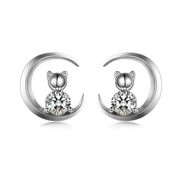 Sterling Silver Zircon Silver Plated Moon Cat Stud Earrings-0