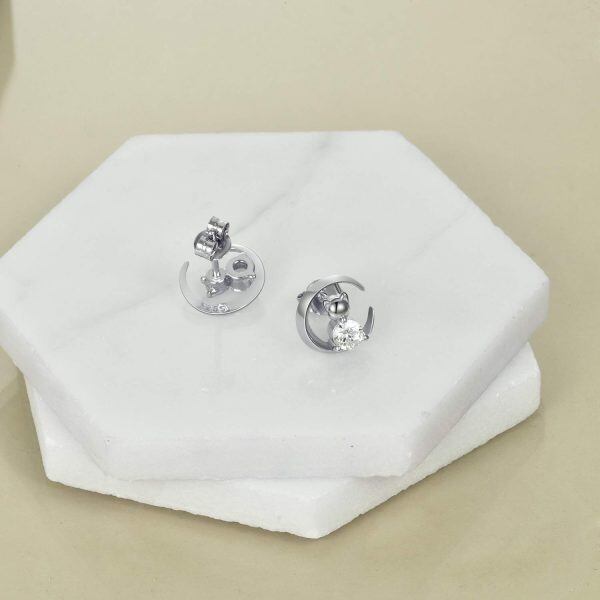 Sterling Silver Zircon Silver Plated Moon Cat Stud Earrings-1