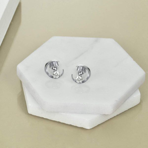 Sterling Silver Zircon Silver Plated Moon Cat Stud Earrings-2