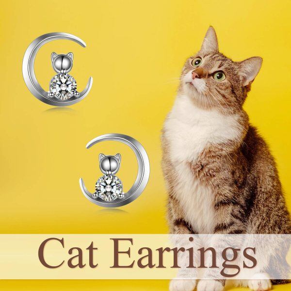 Sterling Silver Zircon Silver Plated Moon Cat Stud Earrings-4