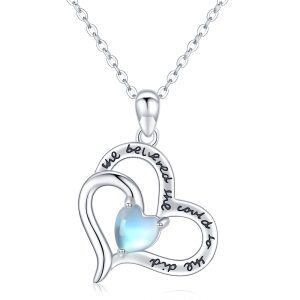 Sterling Silver Moonstone Silver Plated She Believed She Could So She Did Love Heart Together Pendant Necklace-0