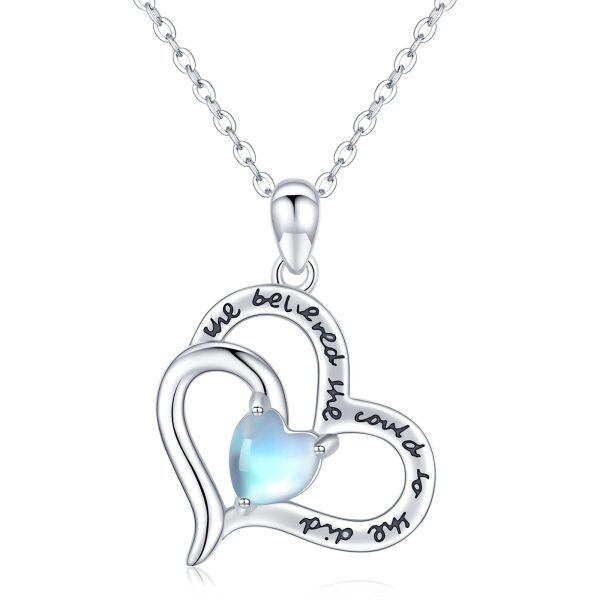 Sterling Silver Moonstone Silver Plated She Believed She Could So She Did Love Heart Together Pendant Necklace-0