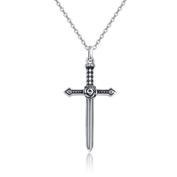 Sterling Silver Oxidized Sword Pendnet Necklace-0