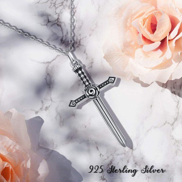 Sterling Silver Oxidized Sword Pendnet Necklace-4