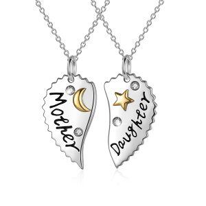 Sterling Silver Zircon Silver Plated Gift for Mother Daughter Heart Pendent Necklace -0