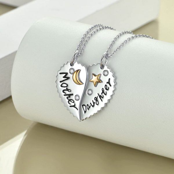 Sterling Silver Zircon Silver Plated Gift for Mother Daughter Heart Pendent Necklace -3