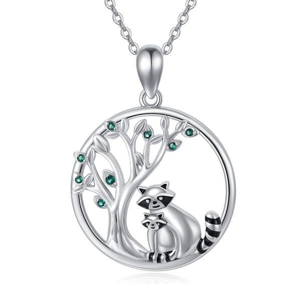 Sterling Silver Zircon Silver Plated Raccoon Tree Of Life Pendent Necklace -0