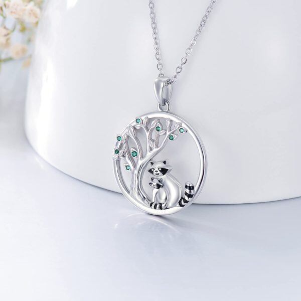 Sterling Silver Zircon Silver Plated Raccoon Tree Of Life Pendent Necklace -1