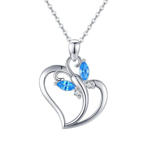 Sterling Silver Silver Plated Crystal Heart Blue Butterfly Pendnet Necklace-0