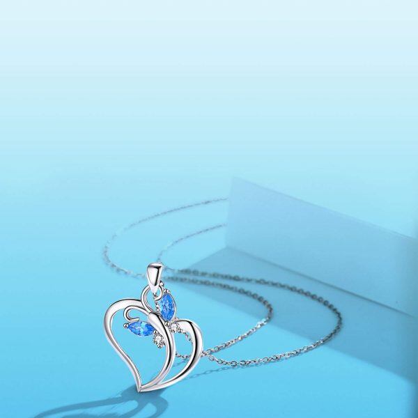 Sterling Silver Silver Plated Crystal Heart Blue Butterfly Pendnet Necklace-1