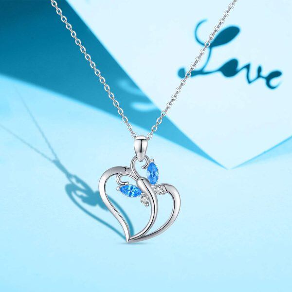 Sterling Silver Silver Plated Crystal Heart Blue Butterfly Pendnet Necklace-2