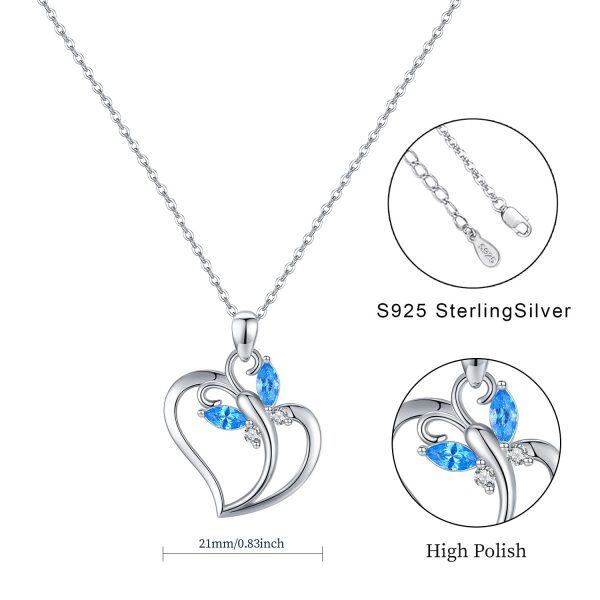 Sterling Silver Silver Plated Crystal Heart Blue Butterfly Pendnet Necklace-3