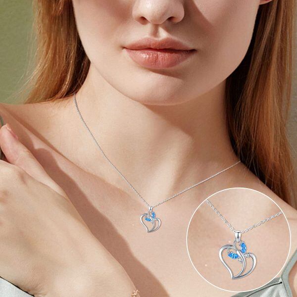 Sterling Silver Silver Plated Crystal Heart Blue Butterfly Pendnet Necklace-4