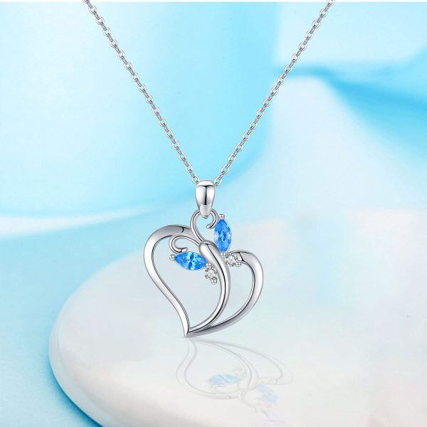 Sterling Silver Silver Plated Crystal Heart Blue Butterfly Pendnet Necklace-6