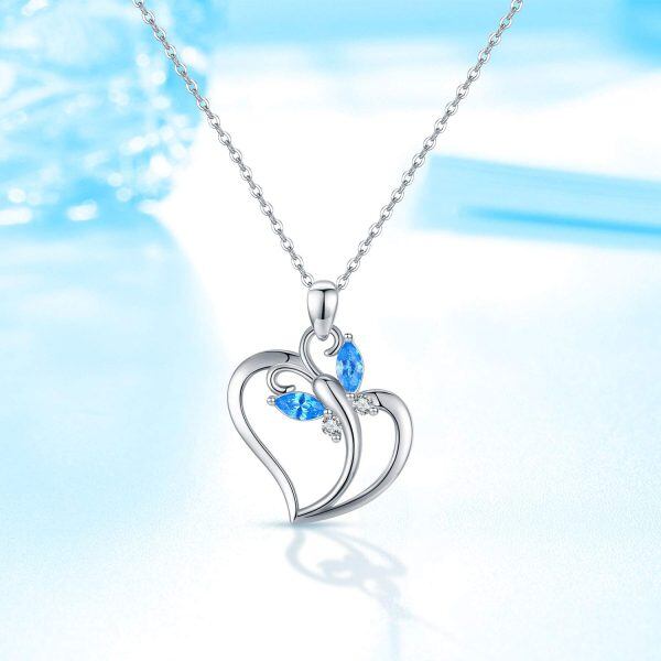 Sterling Silver Silver Plated Crystal Heart Blue Butterfly Pendnet Necklace-7