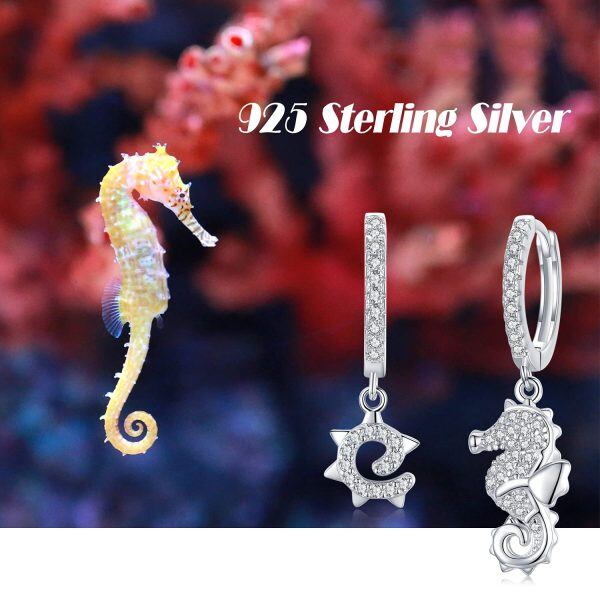 Sterling Silver Zircon Silver Plated Seahorse Hoop Earrings -2