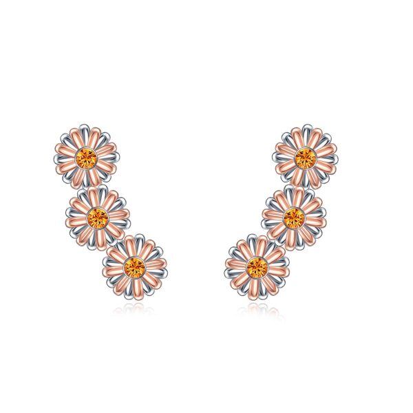 Sterling Silver Simulated Topaz Crystal Two Tone Color Daisy Ear Climber -0