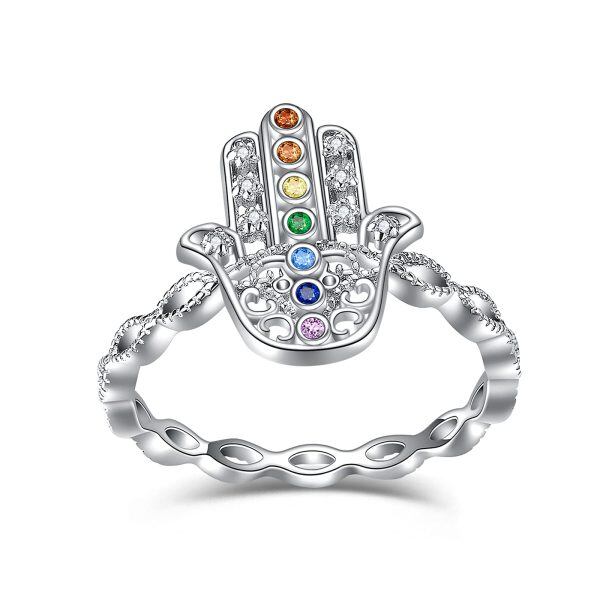 Sterling Silver Zircon Silver Plated Chakra Hamsa Hand Rings -0