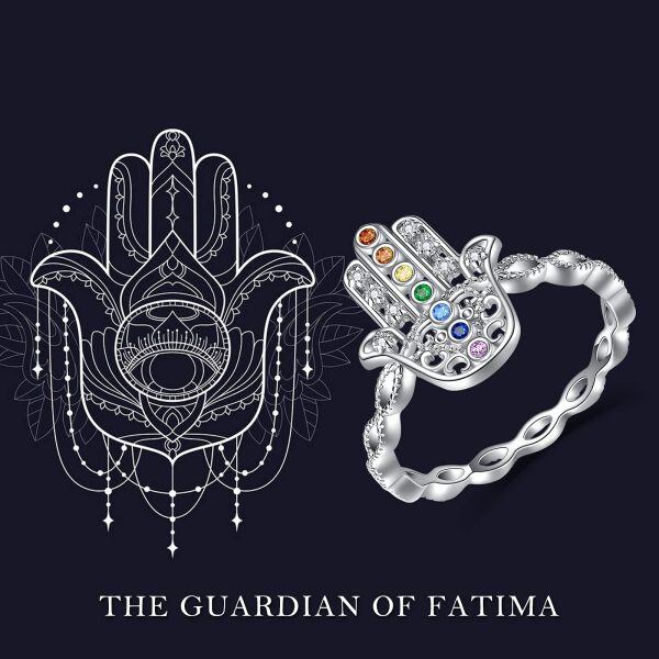 Sterling Silver Zircon Silver Plated Chakra Hamsa Hand Rings -5