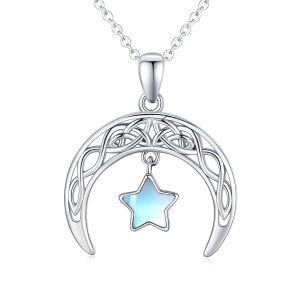 Sterling Silver Moonstone Celtic Knot Cresent Moon and Stars Pendent Necklace-0