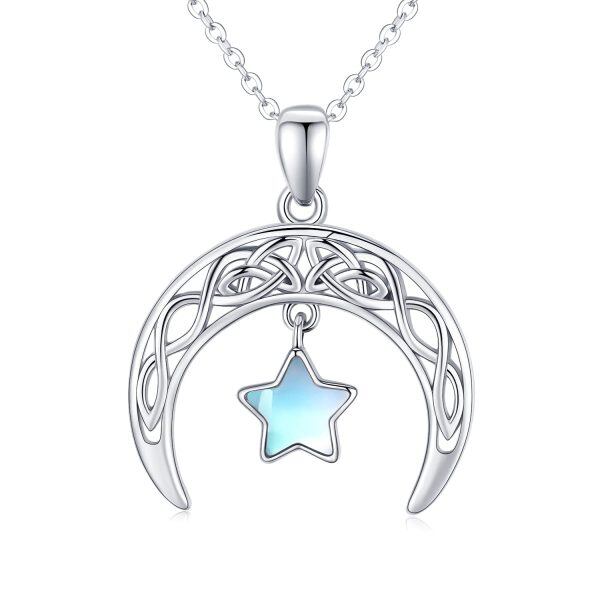 Sterling Silver Moonstone Celtic Knot Cresent Moon and Stars Pendent Necklace-0