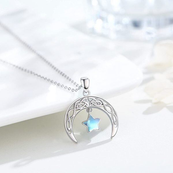 Sterling Silver Moonstone Celtic Knot Cresent Moon and Stars Pendent Necklace-2