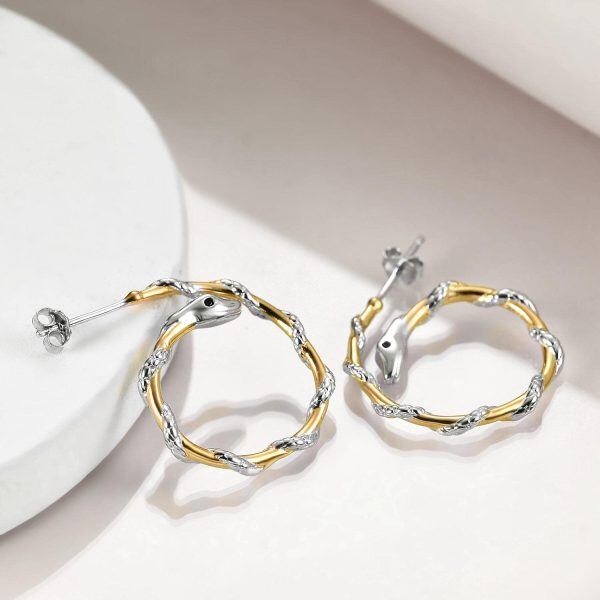 Sterling Silver Gold CZ Snake Huggie Hoop Earrings-4