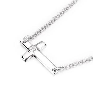 Sterling Silver Zircon Silver Plated Sideways Cross Pendant Necklace-0