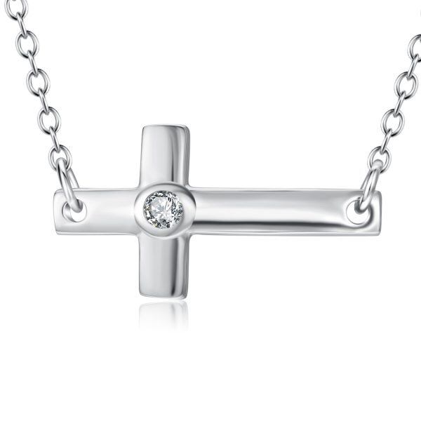 Sterling Silver Zircon Silver Plated Sideways Cross Pendant Necklace-1