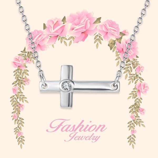 Sterling Silver Zircon Silver Plated Sideways Cross Pendant Necklace-4