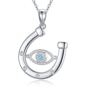 Sterling Silver Zircon Silver Palted Evil Eye Horseshoe Pendant Necklace-0